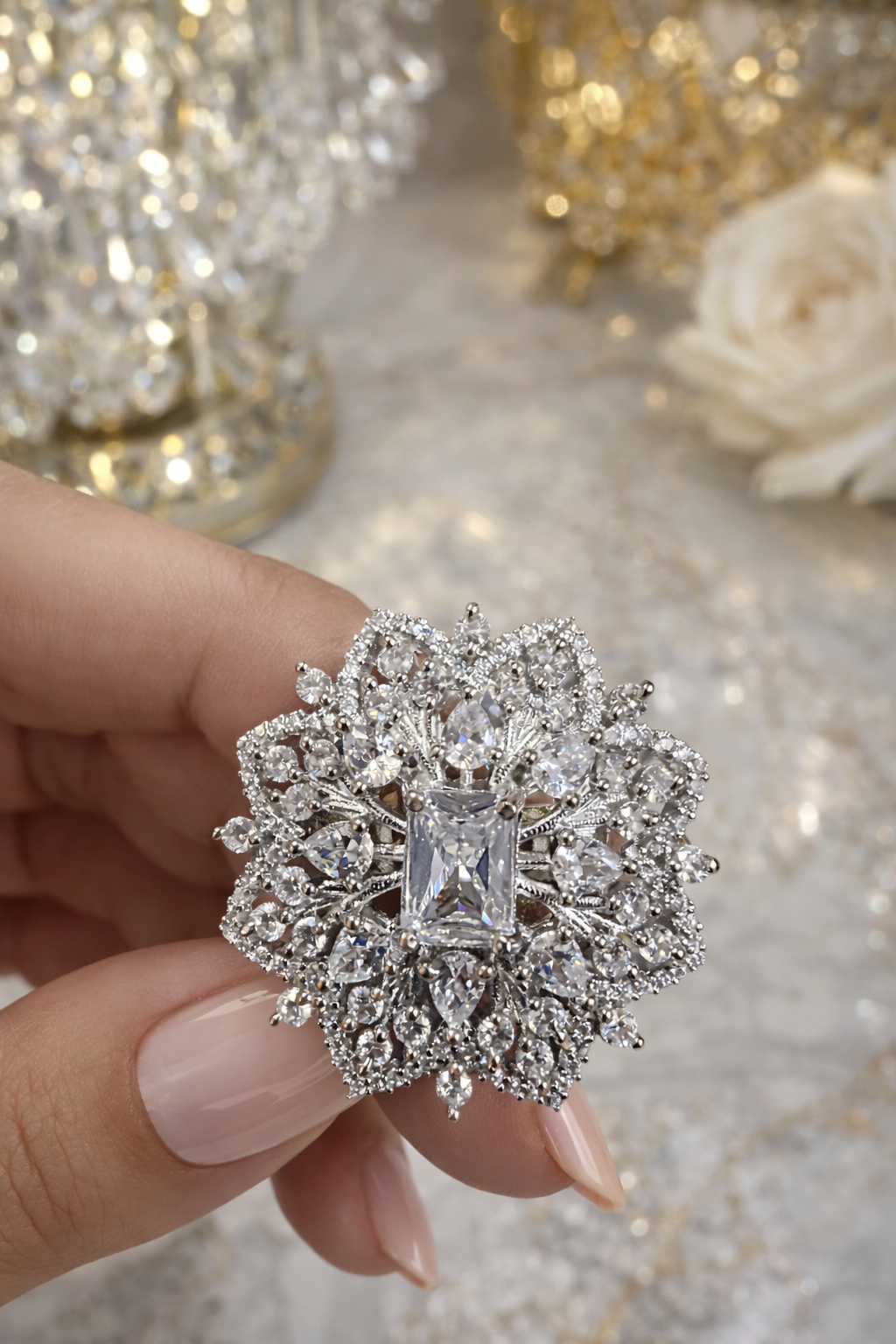 Celestial Bloom AD Statement Ring – Luxury Floral Halo Design | ₹ 799